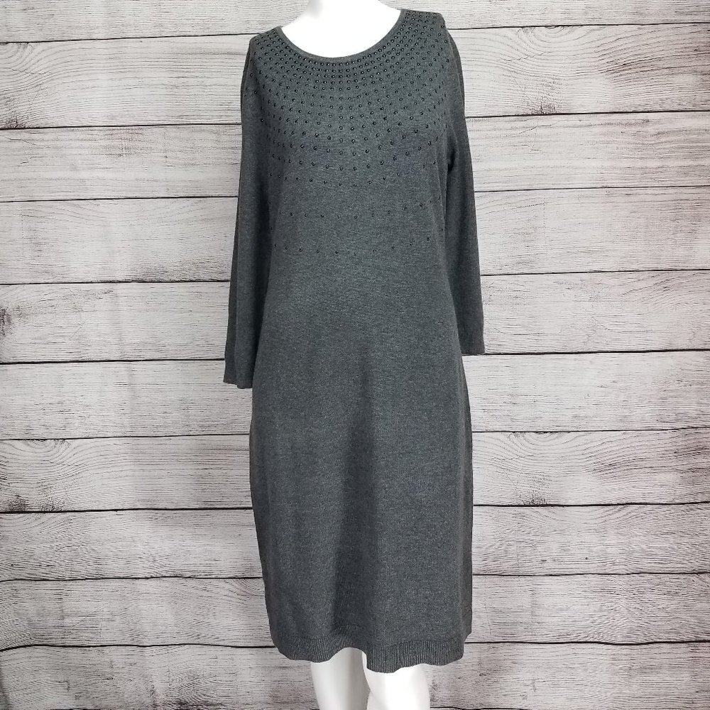 Ann Taylor M 3/4 Sleeves Knit Sweater Dress Embellished Gray